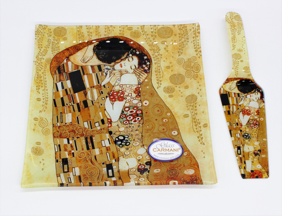 GUSTAV KLIMT - Steklen pladenj za torto z priloženo lopatko zlat  kvadrat