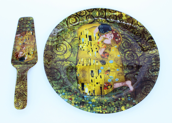 GUSTAV KLIMT - Steklen pladenj za torto z priloženo lopatko tem.