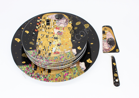 GUSTAV KLIMT - set 6. steklenih desertnih krožnikov+ lopatka+veliki krožnik za pecivo črn - origci